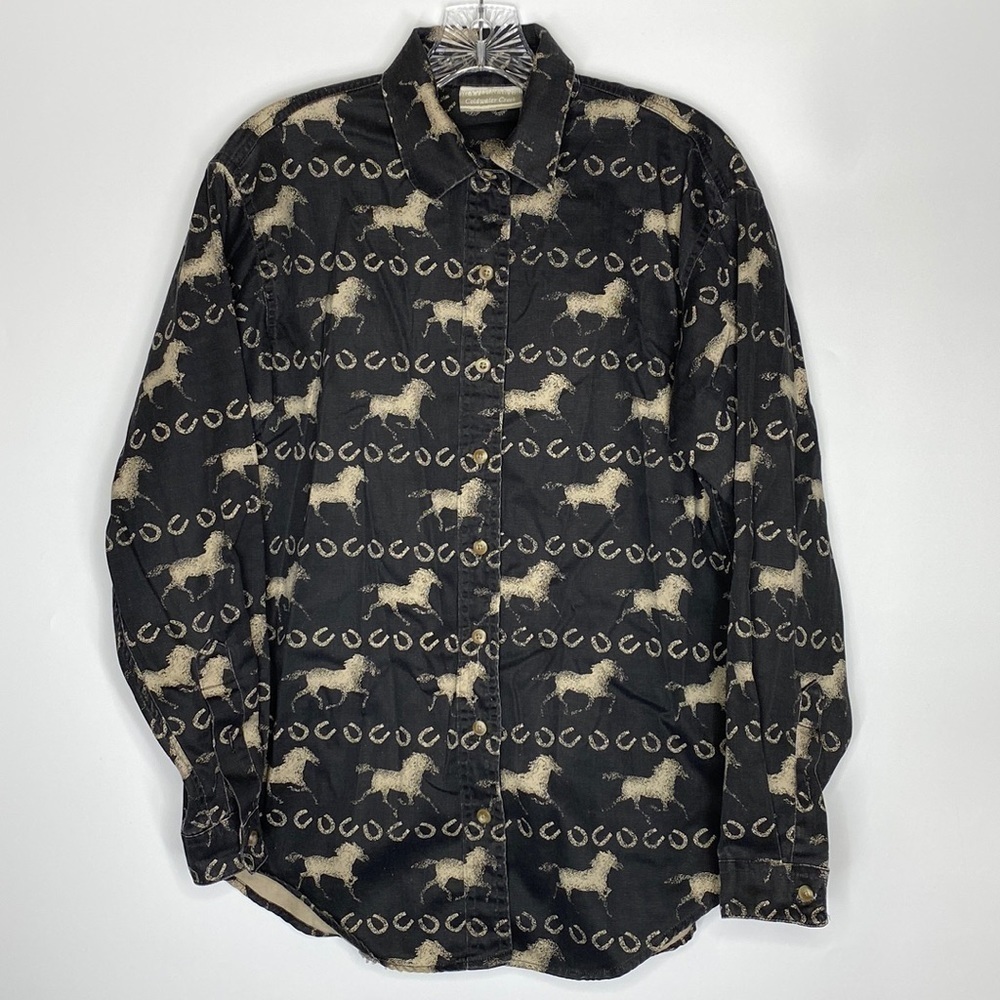 Coldwater Creek Horse Print Button Up Long Sleeve Equestrian Shirt Size Large